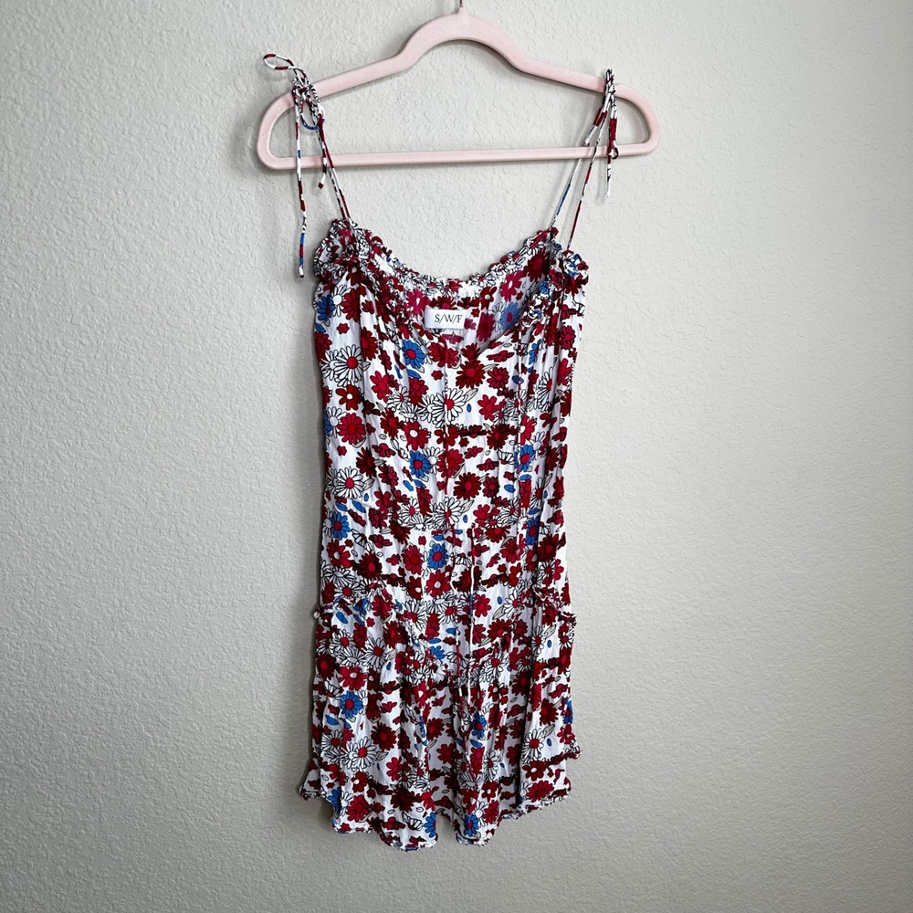 S/W/F Floral Mini Dress Red Blue Daisy Print Ruffle Tie Strap Rayon Size‎ L